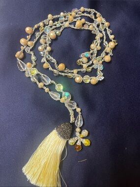 Beige and Crystal Tassel Pendant Necklace - Women's Jewelry